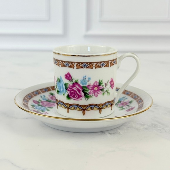 Other - VTG Mini Demitasse Espresso Porcelain Teacup and Saucer Pink Blue Floral
